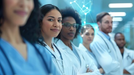 Fototapeta premium Diverse group of doctors with medical lab coat smiling in a medical office. Professional healthcare team portrait. Medical and healthcare concept for art design. Studio portrait photography. AIG53.