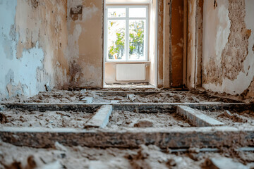 Demolished room interior showing exposed floor joists and debris during renovation or demolition.  Old peeling walls and a window visible.