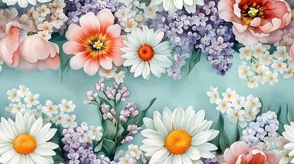 An elegant watercolor scene of vibrant spring flowers, featuring bright white daisies, soft pink tulips, and lush purple lilacs on a pale mint background,