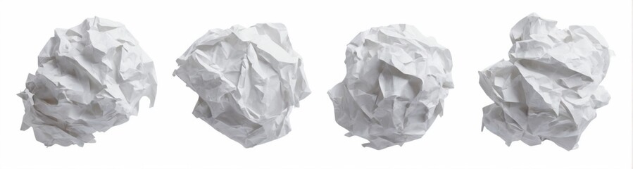 Naklejka premium Crumpled paper balls of varying sizes and shapes aligned in a row on a white background.
