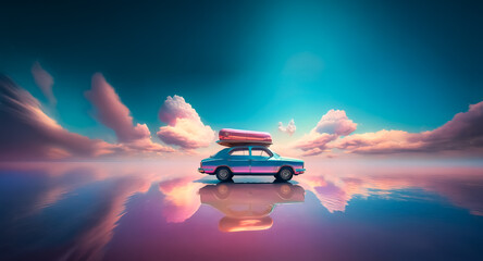 A car with rooftop luggage is parked on a reflective surface beneath a dreamy sky filled with soft clouds and vibrant colors.
