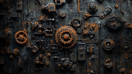 A close up of weathered metallic machine components