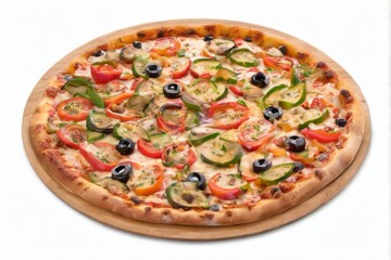 Delicious pizza with colorful toppings on a golden crust, freshly baked and bubbling cheese, set on a white background.