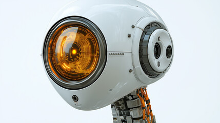 Close-up of a futuristic robotic head with a glowing orange eye and detailed mechanical parts.