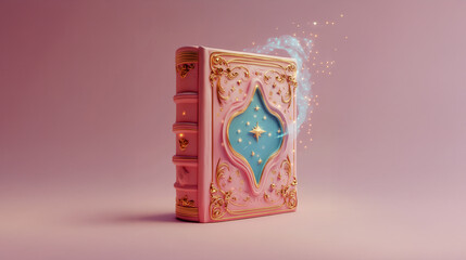 A pink book with gold trim and stars on the cover. The book is a fantasy novel with a magical theme