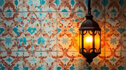 Warmly Illuminated Lantern Against Colorful Vintage Patterned Tile Background in Cozy Atmosphere