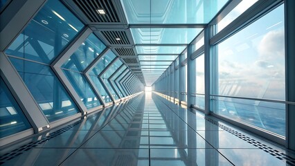 Modern glass walkway with city view.  Concept of innovation, technology, and future.