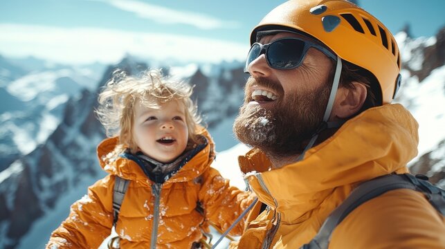 Joyful father and child mountain climbing adventure mountains snow winter climber child dad happy family outdoor sport extreme - Powered by Adobe
