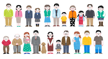 色鉛筆で描いたさまざまな人々の全身のイラスト