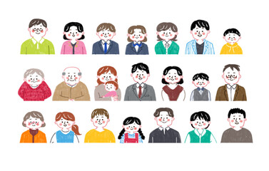 : 色鉛筆で描いた人々の上半身アイコンセットのイラスト