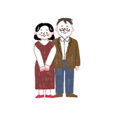  色鉛筆で描いた中年夫婦のイラスト
