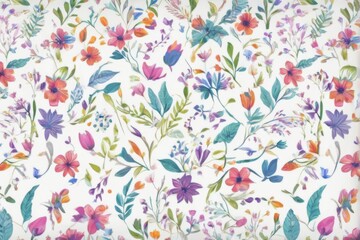 Whimsical Seamless Pattern of Colorful Flowers and Leaves on White Background