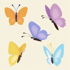 Colorful butterflies in scattered arrangement on light beige background. Simple and cartoonlike style.