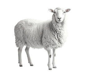 Fototapeta premium A white sheep stands in front of a white background. The sheep is looking at the camera with a curious expression. Concept of calm and peacefulness, as the sheep appears to be content