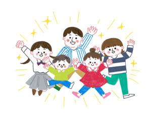 色鉛筆で描いたジャンプしている家族