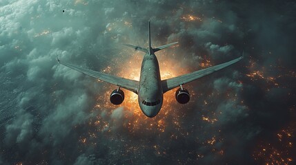 Obraz premium Space debris descending near airplane, symbolizing growing aviation risks.