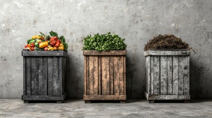 Obraz premium Three wooden crates filled with colorful fruits, fresh greens, and compost sit against a textured gray wall, showcasing sustainability and organic waste management.