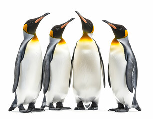 Obraz premium Elegant Ensemble, Four King Penguins Standing Tall Against a Crisp White Backdrop, Showcasing Their Striking Plumage and Distinctive Markings with Grace and Poise