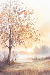 Obraz na płótnie Canvas Serene Autumn Sunrise Watercolor Landscape Painting