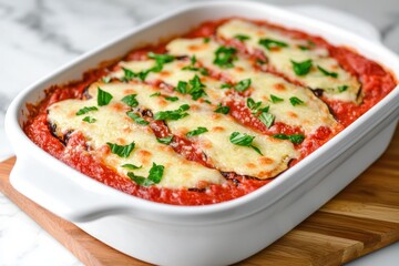 A dish overflowing with layers of tasty lasagna and garnished with fresh ingredients creating a delicious meal