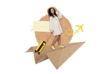 PNG, collage poster, girl with suitcase standing on paper airplane, isolated on white background.