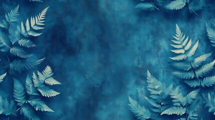 A luxurious design featuring fern leaves in teal and cobalt blue tones, soft textures with subtle gradients on the leaves,