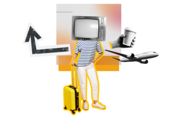 PNG, Poster Collage, girl with suitcase with TV instead of head, travel concept, isolated on white background.