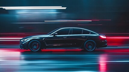 Obraz premium high-speed car drifting on a wet city street at night, motion blur, neon reflections, cinematic lighting, rain-soaked pavement, intense action, urban adrenaline, dynamic motion