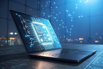 Laptop displaying a digital circuit board.