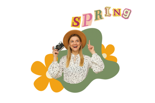 PNG, Poster Collage, girl with a camera in her hand, with flowers and text, isolated on a white background.