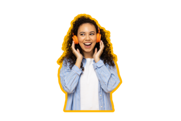 PNG, Collage poster, smiling curly girl in headphones, isolated on white background.