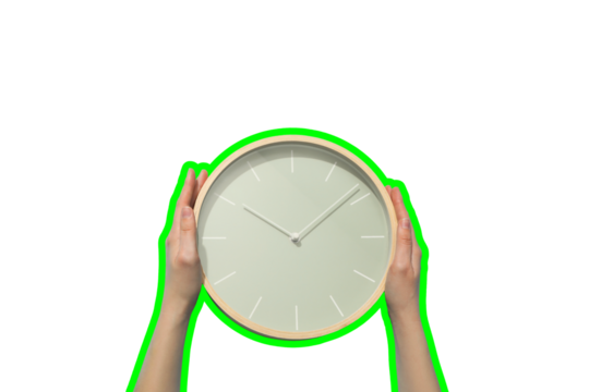 PNG, Poster Collage, watch in hands, isolated on white background.