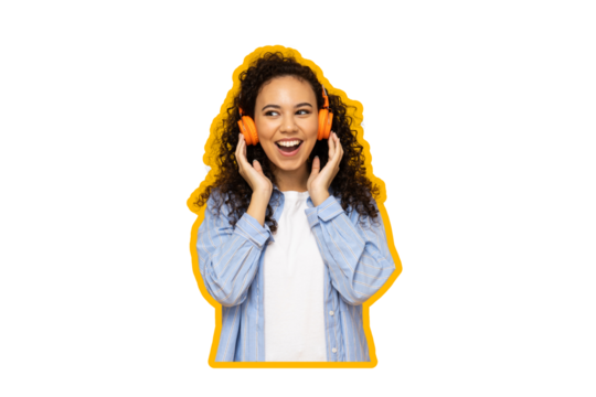 PNG, Collage poster, smiling curly girl in headphones, isolated on white background.