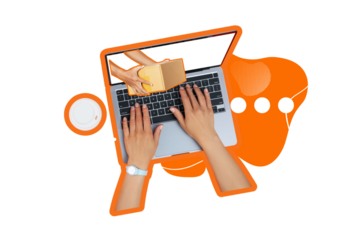 PNG, Poster Collage, laptop with hands and additional elements, with space for text, isolated on white background.