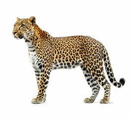 Fototapeta premium Elegant Leopard Standing Tall, A Majestic Portrait of a Wild Predator Against a Clean White Backdrop Showcasing Its Unique Spotted Coat and Muscular Build