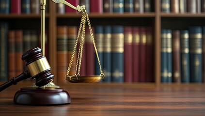 Justice scales and gavel in library setting