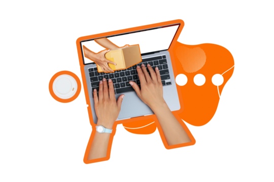 PNG, Poster Collage, laptop with hands and additional elements, with space for text, isolated on white background.