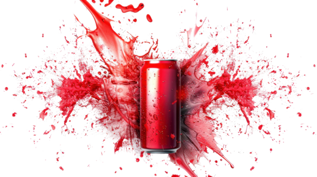 Red soda can covered with splashing liquid on transparent background
