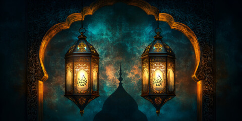 Fototapeta premium New Islamic Year Celebration 1446 H, traditional decorations, vibrant festivities, Islamic calligraphy, crescent moon and stars, warm lighting, cultural attire
