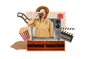 PNG, Poster Collage, girl with a camera in her hand, in front of a TV, isolated on a white background.