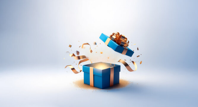 A blue gift box with a golden ribbon is open, revealing golden confetti and a bright light against a soft blue background, suggesting a festive surprise.