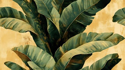 A modern depiction of oversized banana leaves, painted in earthy tones like moss green and burnt sienna, textured with bold oil strokes, soft shadows and highlights adding depth,
