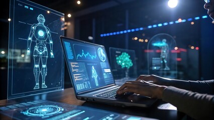 Person working on laptop with futuristic holographic displays.