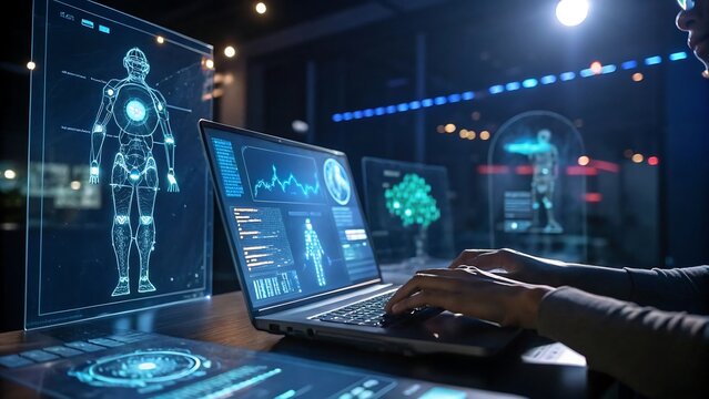 Person working on laptop with futuristic holographic displays.