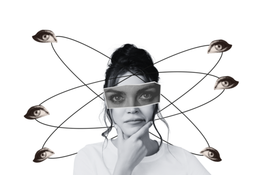 PNG, Poster Collage, abstraction, girl with eyes cut out of old newspapers, isolated on white background.