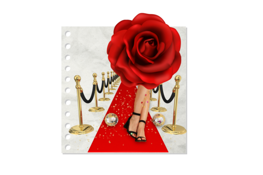 PNG, Poster Collage, rose on red carpet with female legs, isolated on white background.