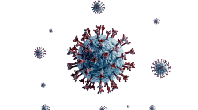 Microscopic view of coronavirus cells floating on transparent background