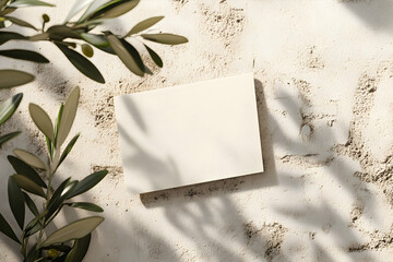 Elegant stationery mockup featuring an invitation card nestled against a textured surface with olive branches casting delicate shadows, conveying sophistication and natural beauty