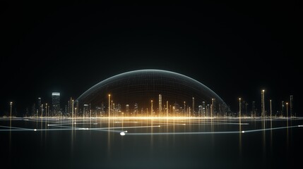 Fototapeta premium Information and communication technologies network and smart city concept with night skyscrapers landscape under glowing digital dome from illuminated lines