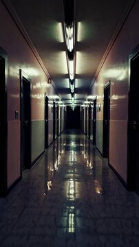 A dimly lit, eerie hallway captured from a low-angle perspective, creating a suspenseful video atmosphere with reflective floors and closed doors. Live mobile wallpaper.
